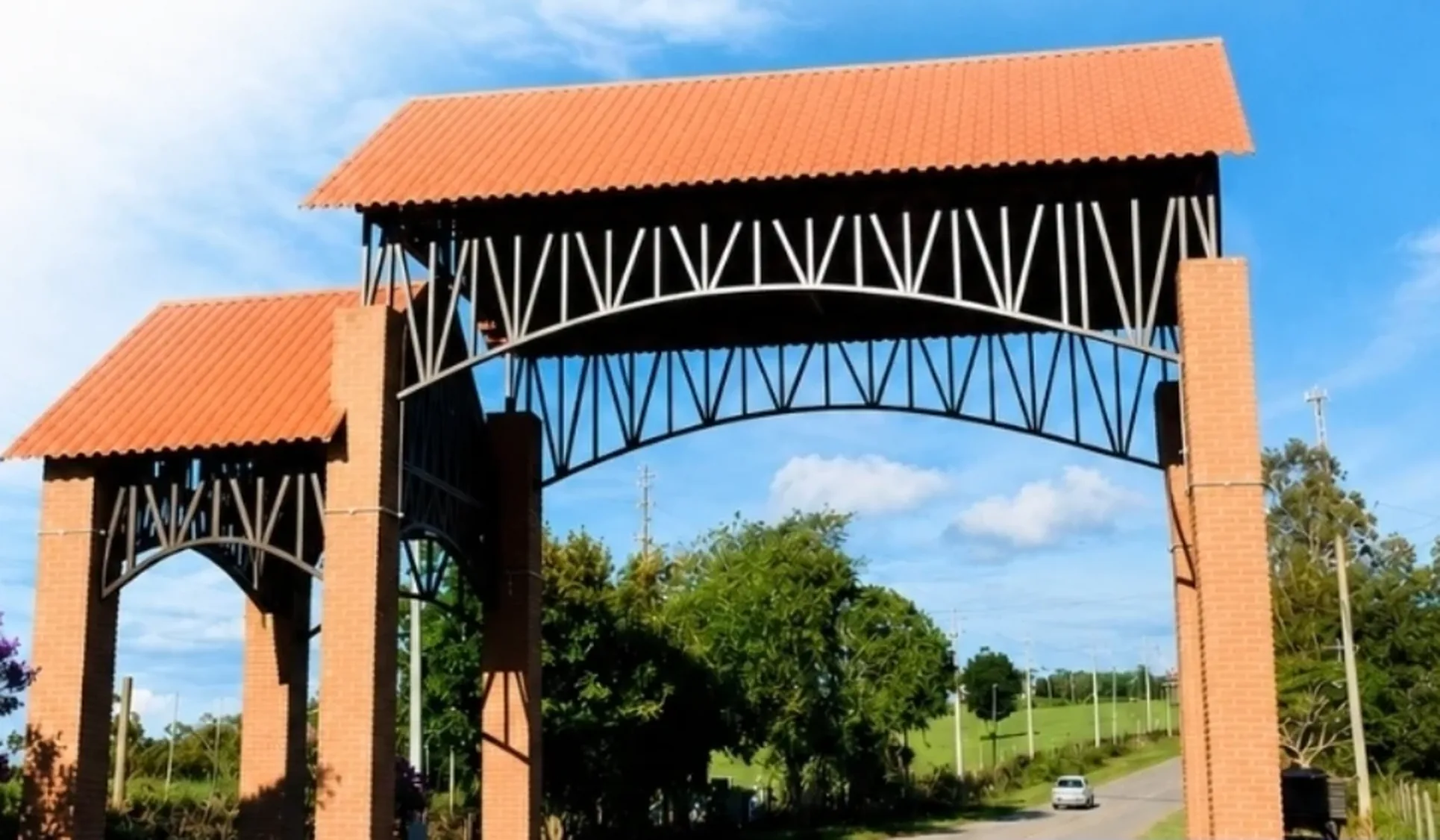 Pórtico de entrada com arco metálico treliçado e barras trabalhadas em aço